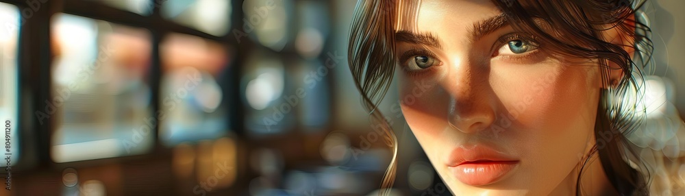 A 3D model showing a businesswoman s contemplative expression in a coffee shop, using shadows to enhance her facial features