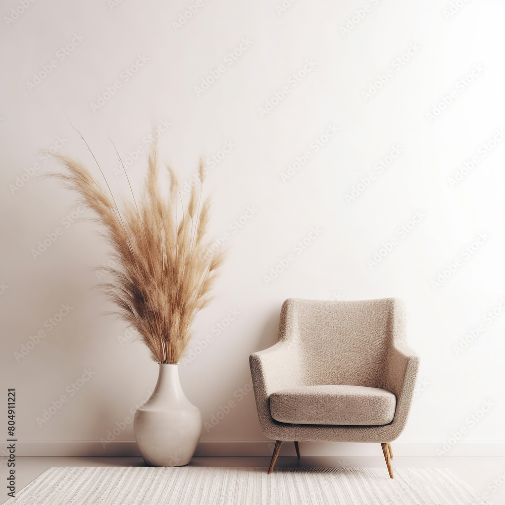 soft armchair and a vase with dry grass in empty room in morning light, minimalist modern living room interior background, scandinavian style, empty wall mockup