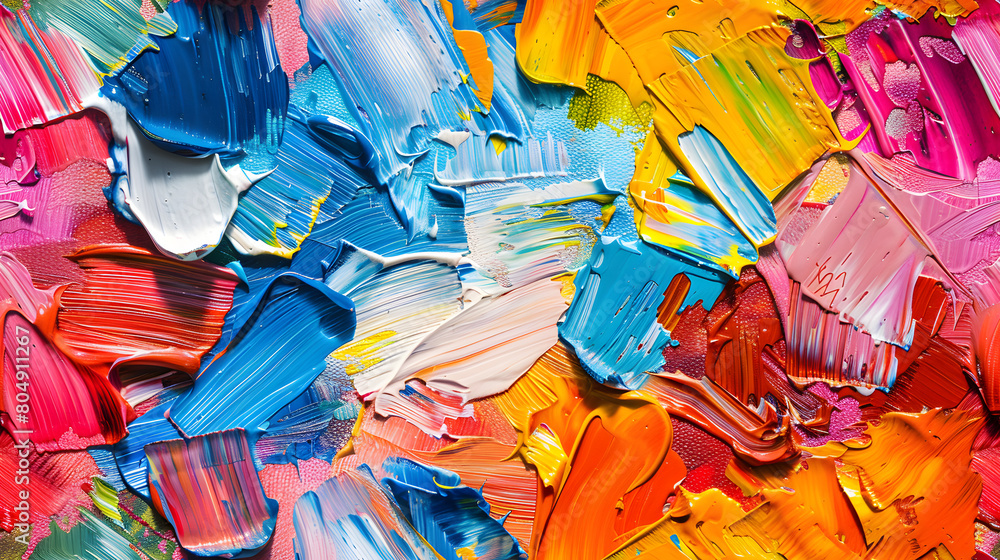 A close-up of an abstract art piece featuring bold and bright oil paints in blue, pink, and yellow, applied with expressive brush strokes that create a textured, vibrant visual.