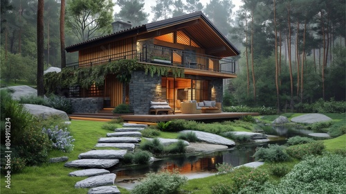 A beautiful wooden house with stone walls, stairs and windows on the second floor, surrounded by greenery, grasses, flowers, trees, small pond,Generative AI illustration.