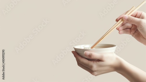 Hand holding chopsticks, holding food, eating, white background, delicious, Generative Ai.