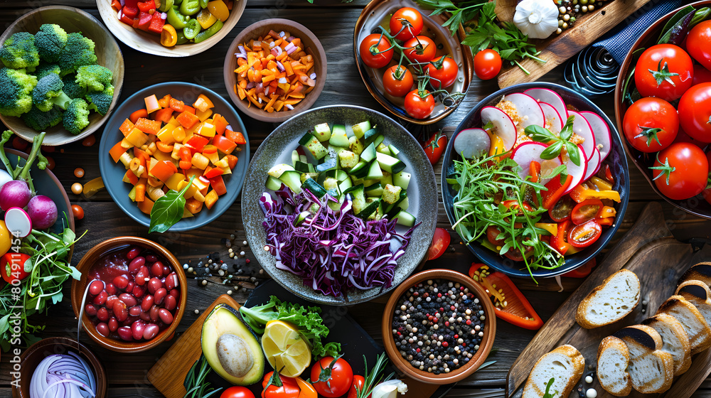 A vibrant, colorful display of fresh vegetables and salads, arranged meticulously on a wooden table. Each bowl is filled with different ingredients A vibrant, colorful display of fresh vegetables and salads, arranged meticulously on a wooden table. Each bowl is filled with different ingredients