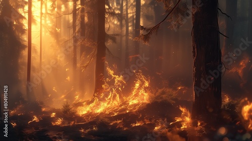 The burning forest is completely enveloped in flames. Forest on fire
