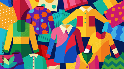 Clothes of all colors and styles covering every surface creating a vibrant and eclectic display at the swap event.. Vector illustration