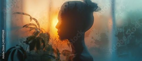 A minimalist portrait of a mothers silhouette through a frosted glass door, symbolizing mystery and familiarity photo