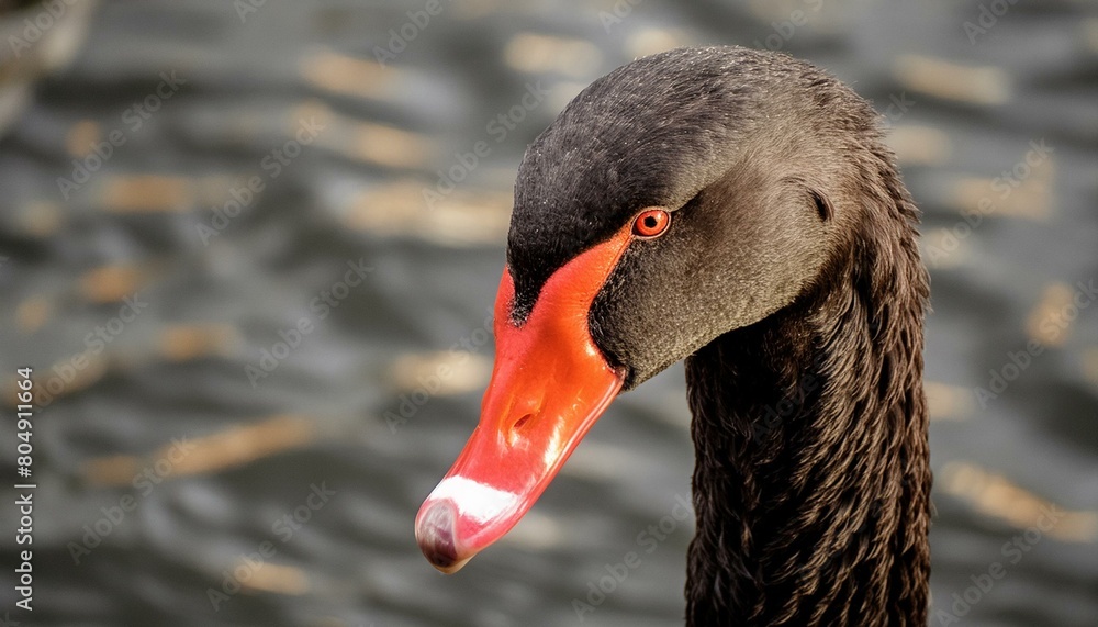 Fototapeta premium a close up of a black swan with a red beak and orange eyes on a black background with a black background.