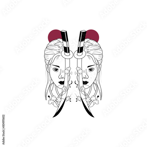 Asian style geisha tattoo illustration, warrior woman t-shirt design.