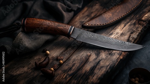 Stylish beautiful knife with runes on the blade and a wooden handle with carvings on a background of stone photo