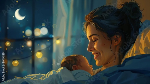 A mother s tired eyes smiling at her newborn, contrasted against the dark of a nighttime nursery photo