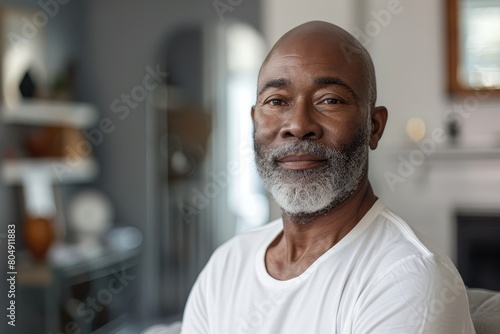 A close up portrait of a bald African man wearing white shirt and gray beard looking at camera in a home interior room. photo