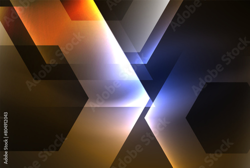A fixture with glowing hexagons on a dark background, creating an electric blue space. The material property of wood and composite material flooring adds depth to the design with tints and shades