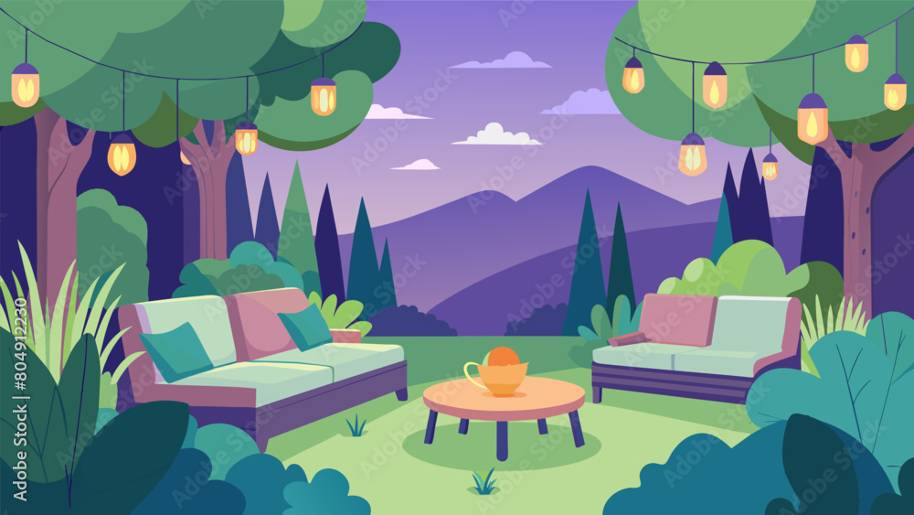 A garden with soft cushioned seating and gentle mood lighting inviting visitors to sit relax and escape from the hustle and bustle of everyday life.. Vector illustration