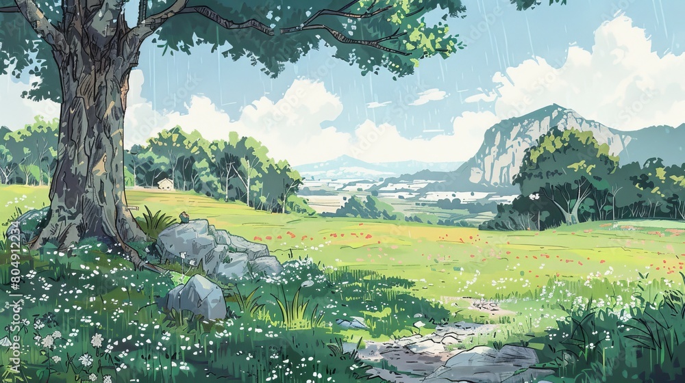 Obraz premium A clear blue river meanders through a lush meadow, surrounded by vibrant flowers and verdant grass. In the distance, majestic mountains rise, their peaks dusted with snow