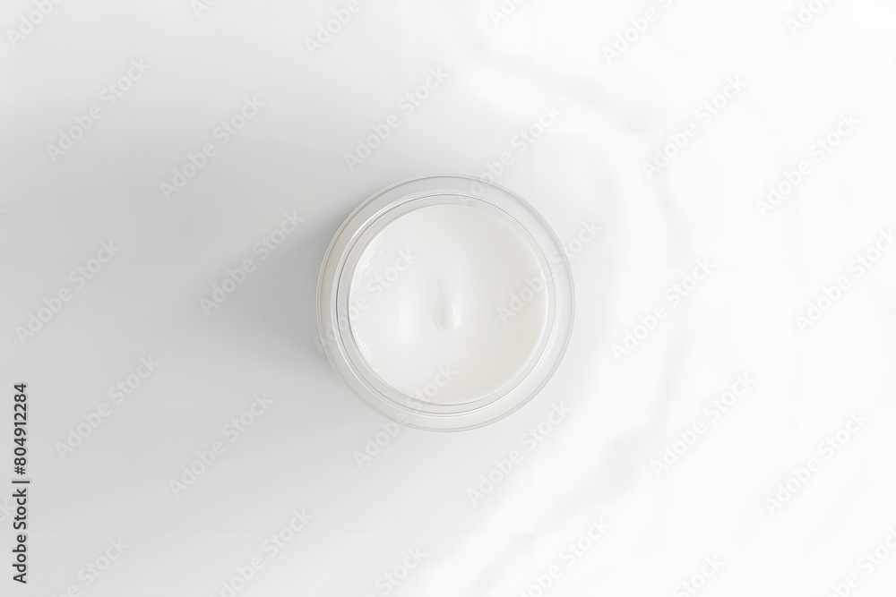 minimalist image of an open jar of moisturizing cream, captured from above cream's rich texture and pure white color are emphasized against clean white background symbolizing purity skincare luxury minimalist image of an open jar of moisturizing cream, captured from above cream's rich texture and pure white color are emphasized against clean white background symbolizing purity skincare luxury