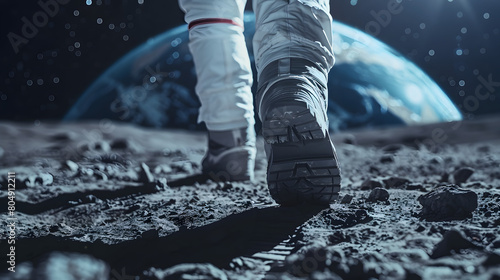 An astronaut's boots tread across the alien landscape of a distant planet, under a surreal celestial sky dramatic exploration moment, emphasizing the vastness and mystery of space travel.