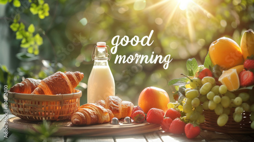 Good morning banner with a perfect healthy breakfast with fresh fruits and milk in morning light and written good morning to start the day on a positive note