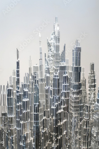 Skyscrapers made from paper clips. Tall, sleek structures towering over the cityscape, their metallic surfaces catching the light