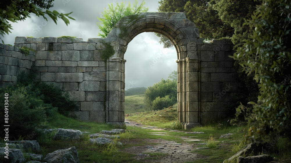 Gate of an abandoned ancient castle against the background of the sky and forest