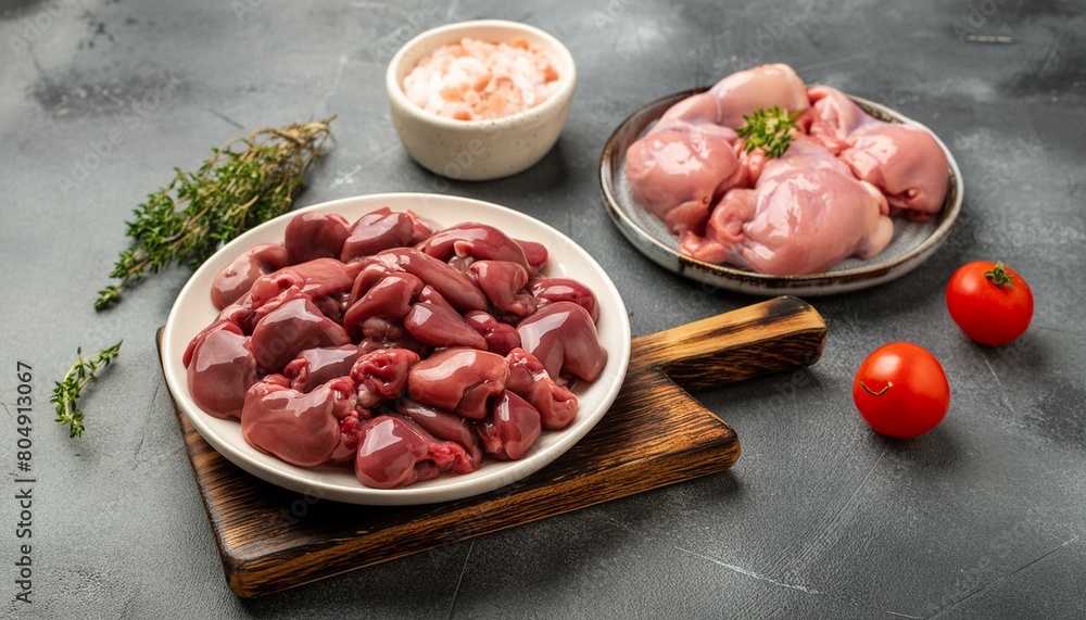 Raw chicken giblets raw poultry meat set liver, stomach and heart Raw chicken giblets raw poultry meat set liver, stomach and heart