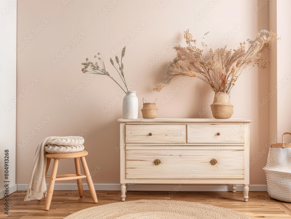 Rustic wooden dresser in an interior design room composition. Minimalistic, chic interiors. Rustic wooden dresser in an interior design room composition. Minimalistic, chic interiors.