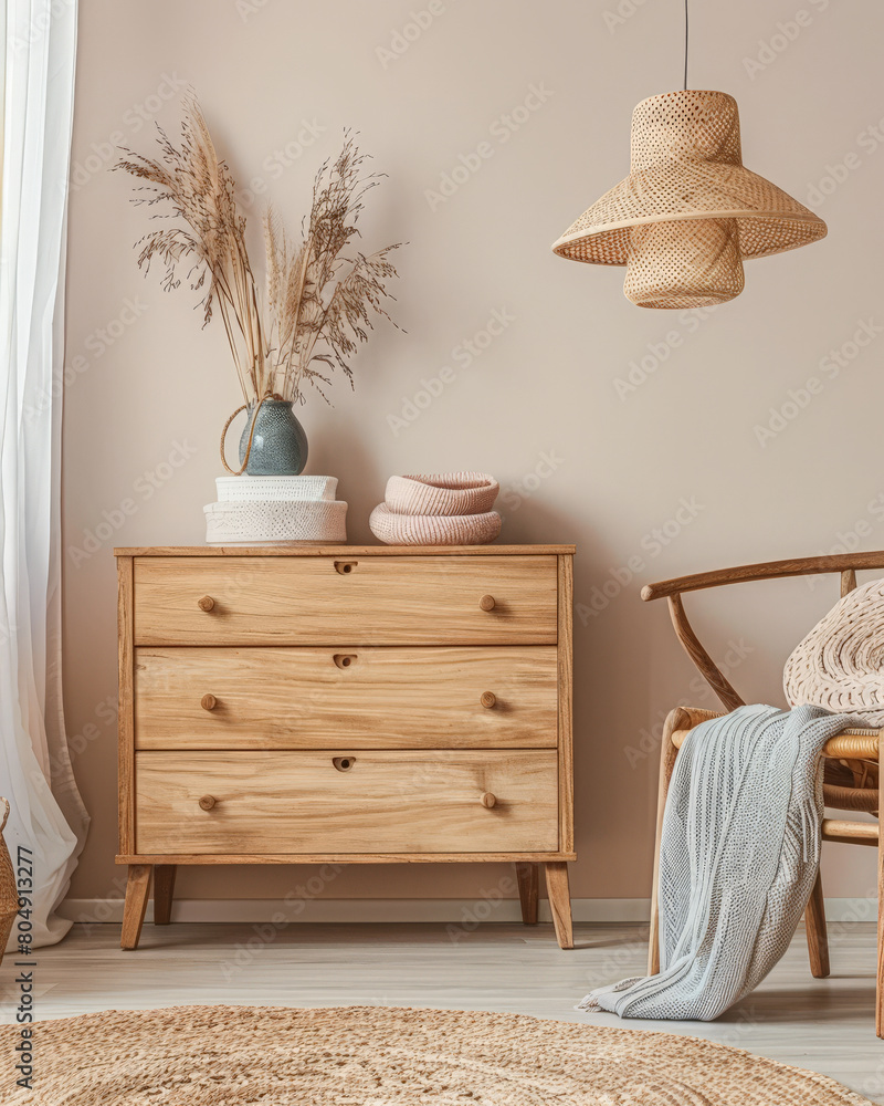 Rustic wooden dresser in an interior design room composition. Minimalistic, chic interiors. Rustic wooden dresser in an interior design room composition. Minimalistic, chic interiors.