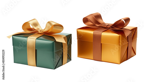 green and golden gift box isolated on transparent background cutout
