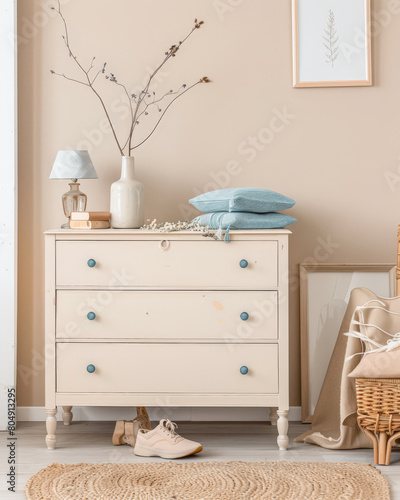 Rustic wooden dresser in an interior design room composition. Minimalistic, chic interiors.