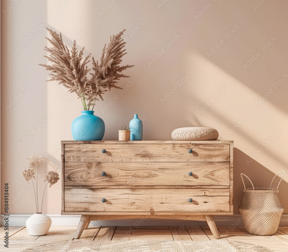 Rustic wooden dresser in an interior design room composition. Minimalistic, chic interiors. Rustic wooden dresser in an interior design room composition. Minimalistic, chic interiors.