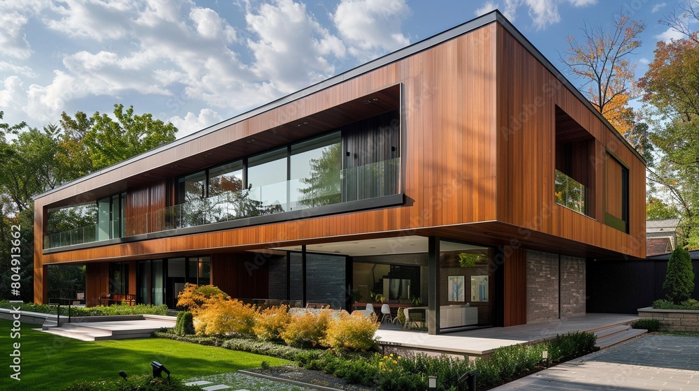 Minimal modern house, rich wood panels, clean architectural lines, integrated green spaces Minimal modern house, rich wood panels, clean architectural lines, integrated green spaces