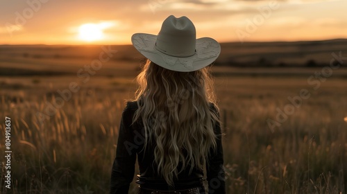 girl wearing a cowboy hat looking at the sunset photo