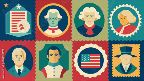 A set of antique stamps featuring historical figures and symbols from the American Revolution used to authenticate letters and documents during that. Vector illustration