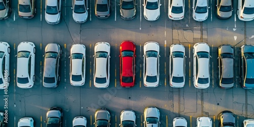 aerial top view of many white cars on car auction except in the middle is red car.