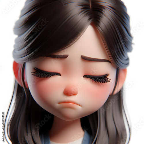 Asian cartoon character girl  young women portrait  female  sad mood  feeling expression concept  eyes close  3d style  isolated on a white background
