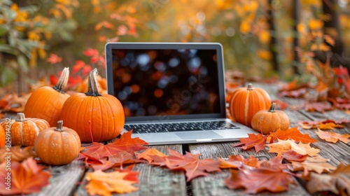 Fototapeta Naklejka Na Ścianę i Meble -  A laptop computer is placed on top of a wooden table, showcasing a remote work setup during the fall season