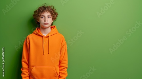 A relaxed teenage boy with curly hair standing against a green wall in an orange hoodie