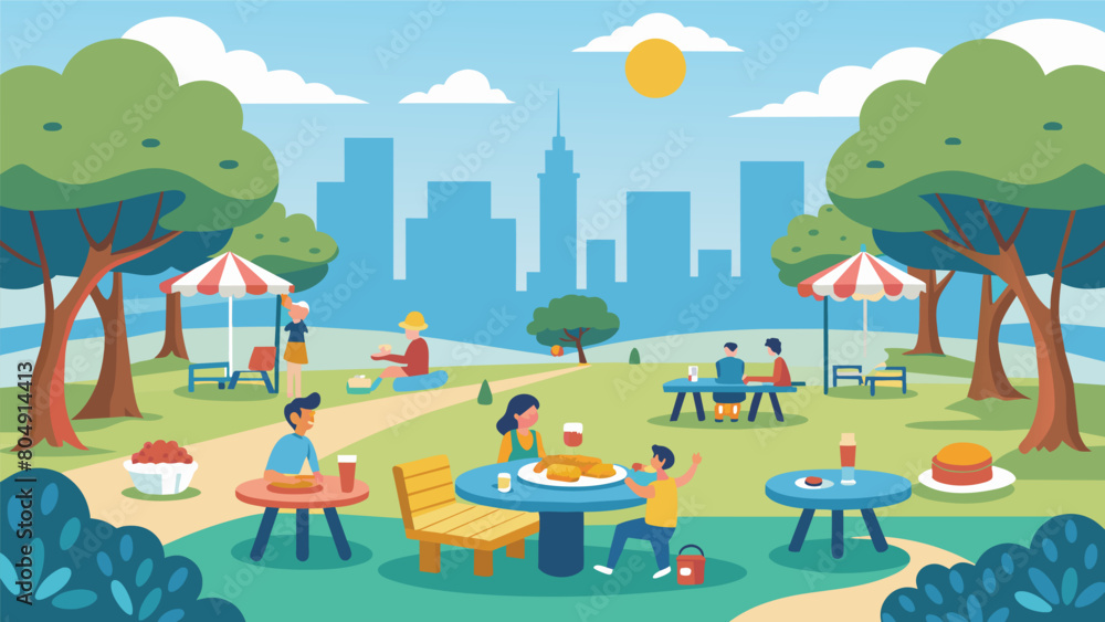 A city park with designated picnic areas for individuals with food allergies to safely enjoy a meal outdoors.. Vector illustration A city park with designated picnic areas for individuals with food allergies to safely enjoy a meal outdoors.. Vector illustration