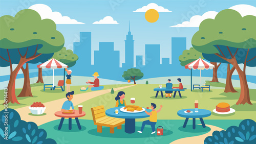 A city park with designated picnic areas for individuals with food allergies to safely enjoy a meal outdoors.. Vector illustration photo