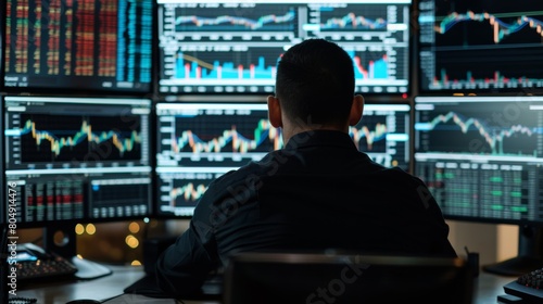A man sits in front of several computer monitors, intensely focusing on analyzing stock market data