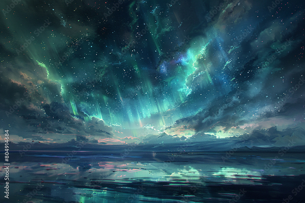 A shimmering aurora of cognition dances across the heavens, painting the night sky with the colors of thought.