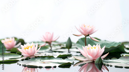 The water lily is white and pink, the Nymphaea Alba. Water plants are reflected in the forest lake., Generative Ai
