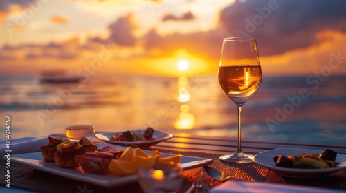 Fototapeta Naklejka Na Ścianę i Meble -  An intimate and serene setting featuring a sunset dinner by the sea, with a wine glass reflecting the golden hour glow