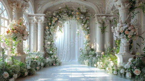 Decorations with predominantly white floral backgrounds are suitable for wedding designs