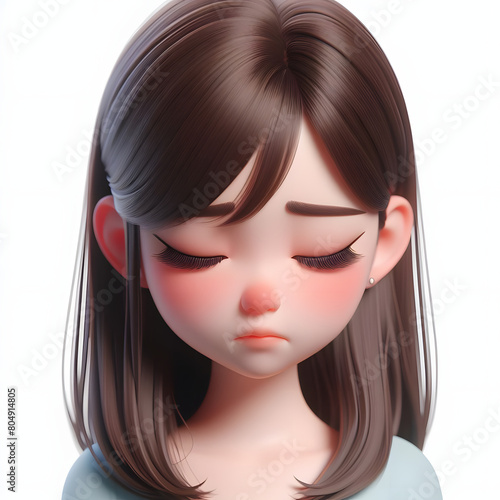 Asian cartoon character girl, young women portrait, female, sad mood, feeling expression concept, eyes close, 3d style, isolated on a white background