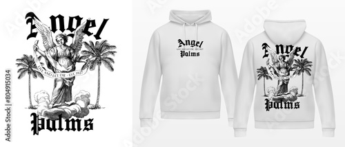 Art design of urban featuring an illustrated angel and palms, victorian illustration. Gothic font texts add an authentic urban, white hoodie and template. Perfect for clothing patterns seeking