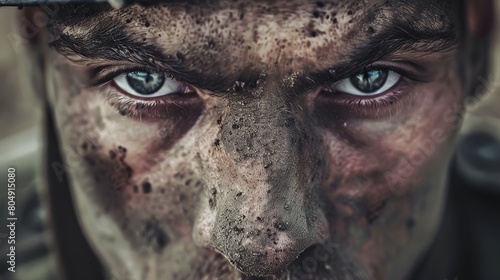 Close Up Of A Dirty Face Of A Soldier Wearing Helmet In War . Angry And Confident Determined Expressions And Eyes .Patriotism photo