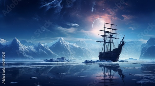 A ship in the ice with the moon in the background