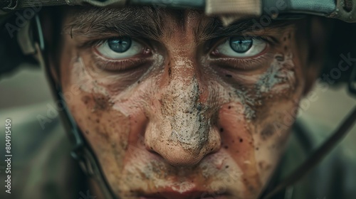 Closeup Of The Dirty And Muddy Face Of A Soldier Wearing Helmet Whose Confident Eyes Show His Determination To War , Patriotism . © AounMuhammad