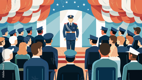 As the honor guard approaches the stage the crowd falls silent in reverence as they pay homage to the brave men and women who have served their. Vector illustration