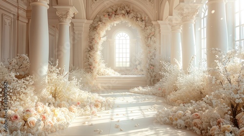 Decorations with predominantly white floral backgrounds are suitable for wedding designs