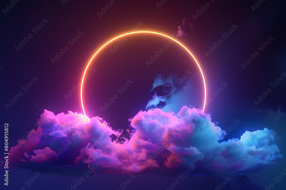 3d render, abstract cloud illuminated with neon light ring on dark night sky. Glowing geometric shape, round frame 3d render, abstract cloud illuminated with neon light ring on dark night sky. Glowing geometric shape, round frame